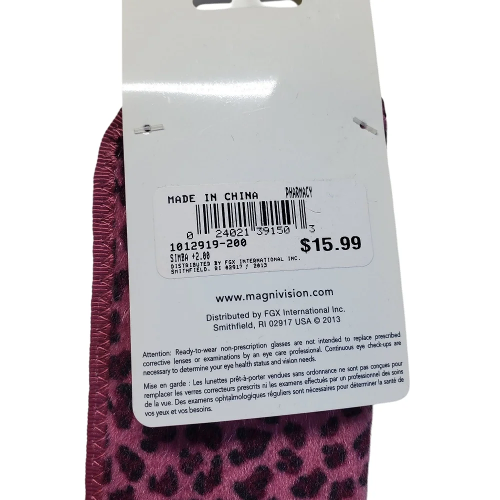 Magnivision +2.00 Reader Glasses With Case Pink Animal Print